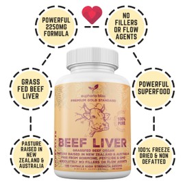 Grass Fed Desiccated Beef Liver Capsules 2250mg (120 Pills, 750mg Each), Energy, Digestion, Detoxification Non-GMO, Freeze Dried, Pasture Raised Undefatted in New Zealand No Hormones or Chemicals