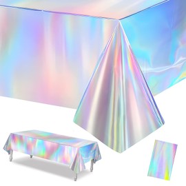 JYJLLM 54 x 108 Inch Iridescent Plastic Tablecloths Rainbow Laser Table Covers, Shiny Table Cloth Holographic Foil for Outdoor Picnic Wedding Birthday Party Table Decorations (1)