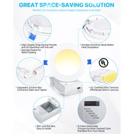 Ensenior 6 Pack 4 Inch Ultra-Thin LED Recessed Ceiling Light with Junction Box, 2700K/3000K/3500K/4000K/5000K Selectable, 9W 75W Eqv, Dimmable Can-Killer Downlight, 750LM High Brightness - ETL