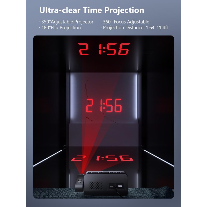 Projection Alarm Clock for Bedroom,Digital Clock with 350° Rotatable Projector,5-Level