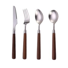 H&Zebrabro Spoon and Forks Set With Walnut Wood Handle, 4Pcs Flatware 18/8 (304) Stainless Steel Cutlery Dinner Fork Spoon Knife Set
