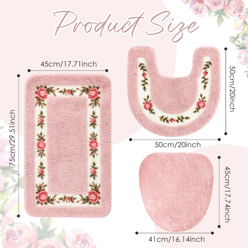 Drydiet 3 Pieces Pink Bathroom Rug Set Rose Floral Bath