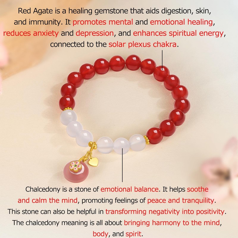 ZHOU LIU FU White Chalcedony Bead Charm Bracelet Red Agate
