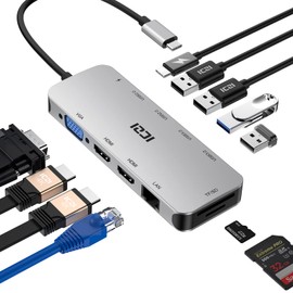 USB C Hub, Docking Station with Dual HDMI, ICZI 11-in-1 USB C Multiport Adapter, 2 HDMI 4K, 4 USB 3.0/2.0, RJ45, VGA 1080P, PD 100W, SD/TF Card Reader