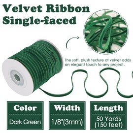 HUIHUANG Green Velvet Ribbon 1/8 inch x 50 Yards Thin Velvet Ribbon Single Face Vintag Forest Green Ribbon for Gift Wrapping, Christmas Ornaments, Invitations, Tags, DIY Crafts, Fall Decor