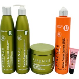 Firenze Professional Cuticle Restore Shampoo 300ml/10.1oz, Conditioner 10.1 oz, Mask Treatment 400ml/ 13.5 oz and Under Control Leave In 10.14 fl oz - Free Starry Lip Plumping Gloss 10ml