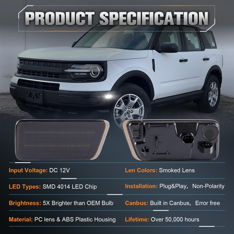 POPMOTORZ Ford Bronco White LED Side Marker Lights Assembly for