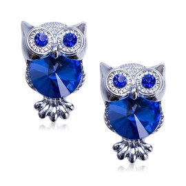 KVANU Elegant Silver Sparkly Crystal Owl Studs Earrings Cute Chic Glitter Rhinestone Animal Dangle Drop Earrings for Women Owl Lovers (Blue)