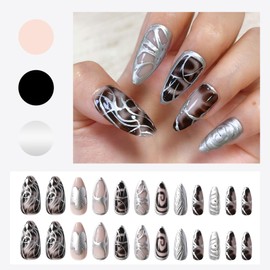 Freeorr 24 Pcs Silver Black Press on Nails, Medium Almond Fake Nails with Metallic Liner Flower Designs, Y2k Gothic Glossy Artificial Acrylic Full Cover Stick on Nails for Women Manicure