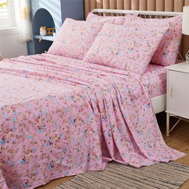 FADFAY Sheets Set Cal King Elegant Rose Floral Bedding Shabby Pink Flower Bed Sheet Set Vintage Farmhouse Bedding 100% Cotton Ultra Soft Deep Pocket Fitted Sheet 4Pcs, California King Size
