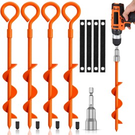 Dongxw Ground Anchors Tent Stakes, Heavy Duty Trampoline Anchors Ground Anchors Screw in, Earth Anchors Kit with Straps for Camping Tent, Canopies, Sheds, Swing Sets(4 Pack,Orange)
