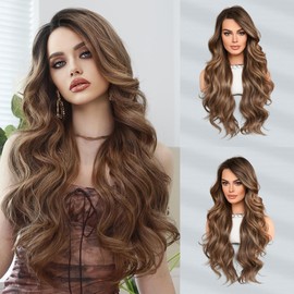 7JHH WIGS Lace Front Body Wavy Wigs 13 * 4in T Lace Front Brown Side part Wigs with Dark Roots for Women 160 Density Transparent Glueless Synthetic Hair Long Curly Wig