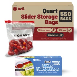 Reli. Slider Quart Storage Bags (550 Count) 8x7 inch, Quart Slider Bags, Food Storage | 1Qt Size, Write on Label | Bulk Clear w/Red Closure for Snacks, Lunch, Meal Prep