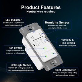 Akicon Humidity Sensor Switch for Bathroom Exhaust Fan with Light, Ventilation Fan, LED Light, Night Light, Air Moisture Control, Timer Switch for Bathroom Fan, UL Listed, White