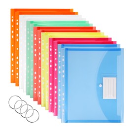 Plastic Wallets A4 Punched Pockets, 14 Pack Expandable Plastic Folders Plastic Document Files with Button,Tab Card, and 4 Binders for School, Office, Home, Travel