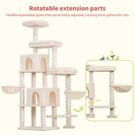 Hey-brother Cat Tree Tower, Scratching Posts with a Extended Part, Wide Platforms, Cozy Condos, Hammocks, Sisal Columns and Ball for Indoor Cats, 70.1 Inches, Beige MPJ038M