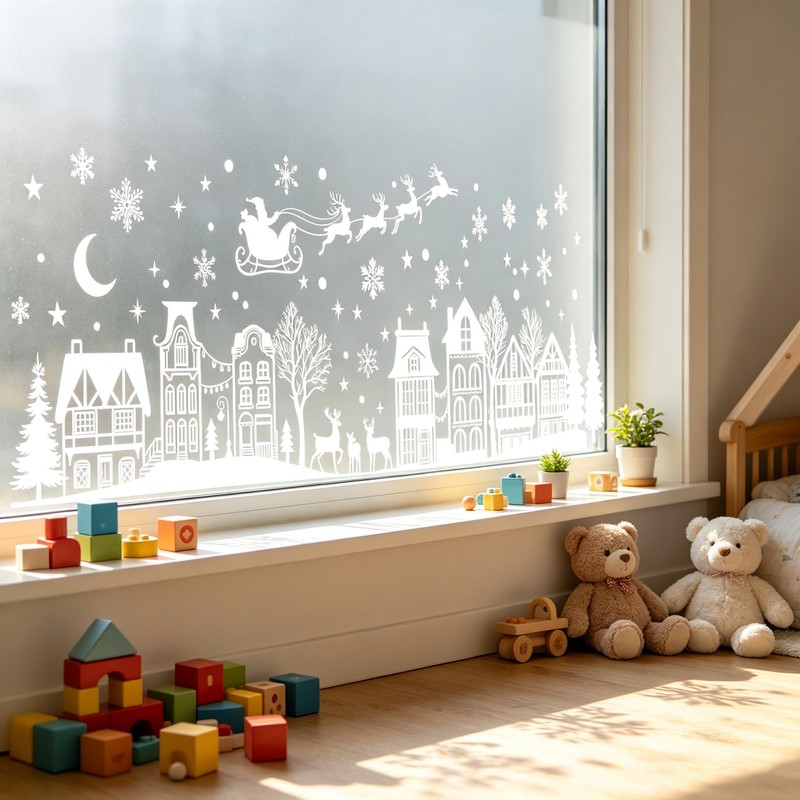 Christmas Village Window Clings Large White Winter Glass Decals