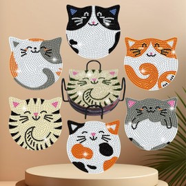 6 Pcs Diamond Painting Coasters with Holder, DIY Cute Cat Diamond Art Coasters, Diamond Art Craft Supplies, Diamond Art Kits for Adults & Beginners