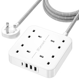 LENCENT Extension Lead with 4 Way Outlets, 3250W 13A Power Strip, 1.8M Braided Extension Cord, 1 USB-C and 3 USB Slots, Multi Power Plug Extension for Home and Office, White