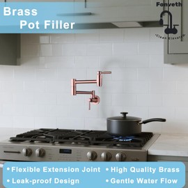 Fonveth Pot Filler Copper Faucet Kitchen, Brass Pot Filler Wall-Mount Folding Stretchable Double Joint Swing Arm Single Hole Two Handle Kitchen Sink Pot Filler Faucet Rose Gold