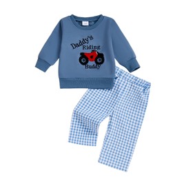 Liyabanna Infant Toddler Baby Boy Clothes Daddy's Riding Buddy Motorcycle Embroidery Sweatshirt Top Plaid Pants Set Fall Winter Outfits (Blue, 6-12 Months)