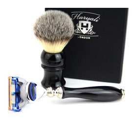 Men's Shaving Set with Brush, Set Includes Synthetic Hair Brush,3 Edge Safety Razor with Black Powder Coating Handles Shaving Set for Men