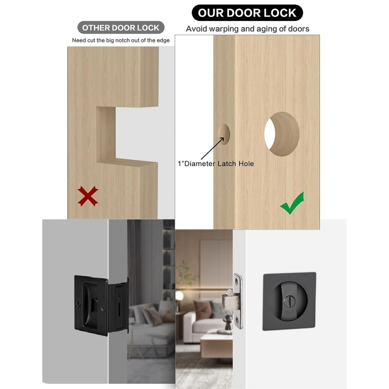 Lethato Pocket Door Hardware Black, Pocket Door Lock with Pull,