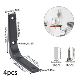 NAHUAA Pack of 4 Shelf Brackets Heavy Duty 10 cm Shelf Bracket Black Metal Heavy Duty Angle with Screws Shelf Brackets 90 Degree L-shaped for Shelf Industrial Shelf Bracket