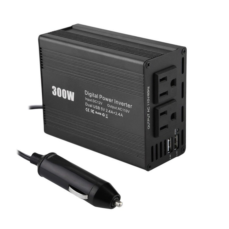 300W Digital Power Inverter Dual-USB-Port DC 12V to AC 110V
