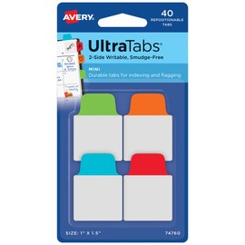 Avery Mini Ultra Tabs, 1" x 1.5", 2-Side Writable, Assorted Primary Colors, 40 Repositionable Tabs (74760)