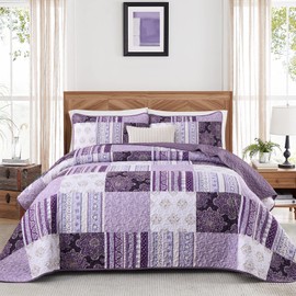 Dintszyayue Patchwork Quilt Set King Size,3 Pieces Purple Boho Bedspread Coverlet Set Plaid Bohemian Quilt Bedding Set Reversible Bed Cover Soft Lightweight Coverlet Set (King,104"x90")