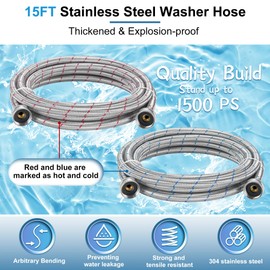15FT Long Stainless Steel Washing Machine Hoses for Hot and Cold Water Supply Hoses with 3/4'' Standard NPT Connections Burst-proof No-leak Washing Machine Hoses 2 Pack by Fetechmate