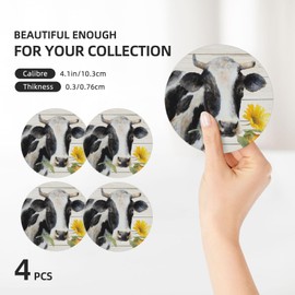 Cow Coasters for Drinks Set of 4, 4 inch Absorbent Diatomite Ceramics Coasters for Coffee Table With Cork Base, Suitable for Dining Tables, Desks, Restaurants, Cafes(Yellow Flower Wooden Background)