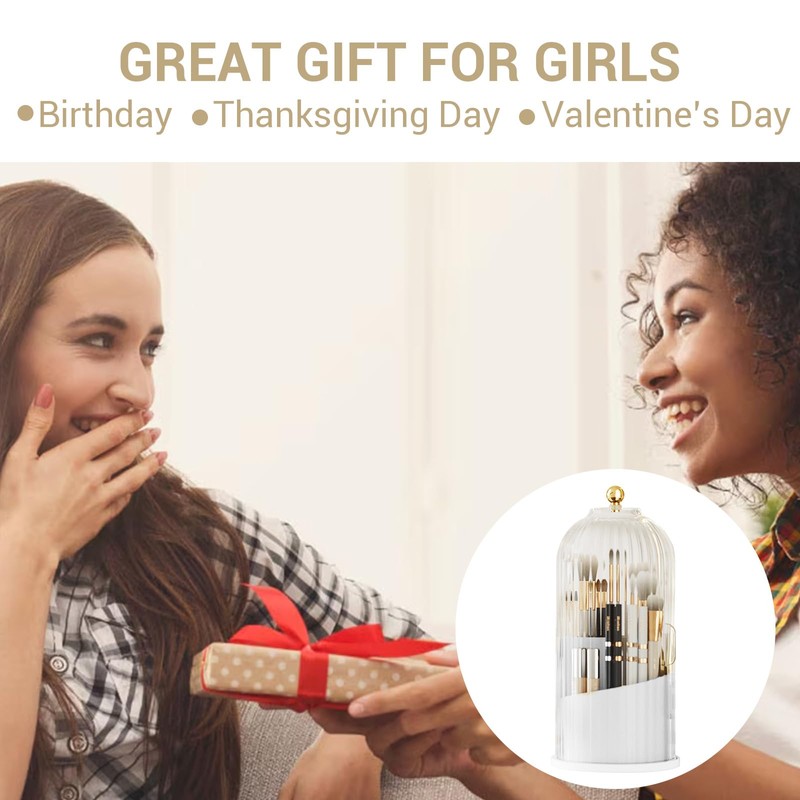 360° Rotating Makeup Brush Holder with Lid - Dustproof &