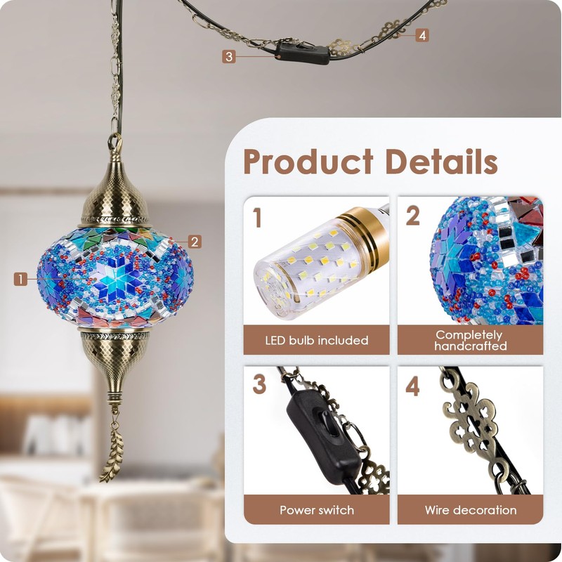 Yarra-Decor Turkish Moroccan Pendant Hanging Light with 15-Foot Cord -