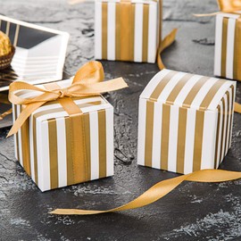 AWELL Small Candy Box Bulk 2x2x2 inch with Ribbon, Gold White Strips Box Party Favors Pack of 50
