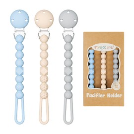 TYRY.HU 3 Pack Silicone Pacifier Holder Clip with One Piece Beads for Boys and Girls, Soft Flexible Pacifier Clip, Rust-Free Binky Clips with Texture, Keeps Pacifier Clean, Fits Most Pacifiers(Blue)