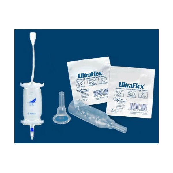 Complete Set-Up Urinary Incontinence Three-Weeks, 21-Condom Catheters Self-Seal 32mm (Intermediate), Three Premium Leg Bag 19oz, 500ml Tubing, Straps & Fast & Easy Draining.