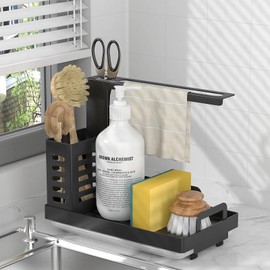 Shunfaji Sink Organiser Black with Drain Pan, Stainless Steel Kitchen Utensils, Sink Organiser, Sponge Tray, Kitchen Cloth Holder, Sink Kitchen Accessories, Sponge Brush, Dish Soap