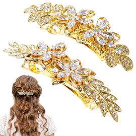2 Pcs Gold Hair Accessories For Braids,Sparkly Rhinestone Hair Clips For Women,Gold Flower Hairs Clip,Crystal Leaf French Bridal Hairs Clips And Pins For Wedding,Vintage Accessories For Bride