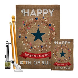 Breeze Decor Independence Day Kit Patriotic Fourth of July Fireworks BBQ United State American Decoration Banner Small Yard Gift Double-Sided, House & Garden Flags Set w/Flagpole, Made in USA
