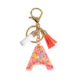 COLORFUL BLING Alphabet Keychain Pink Donut Candy Tassel Initial Letter Key Chain Charm Pendant Purse Handbags Women -A