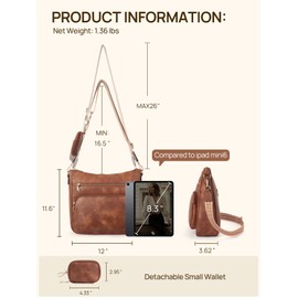 Telena Crossbody Bags for Women Leather Hobo Shoulder Handbag with Mini Wallet Guitar Strap Zipped Pockets Brown