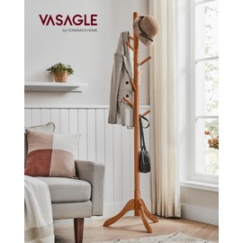 VASAGLE Solid Wood Coat Rack, Free Standing Tree-Shaped Coat Rack with 8 Hooks, 3 Height Options, for Clothes, Hats, Bags, Living Room, Bedroom, Home Office, Caramel Brown URCR01WN