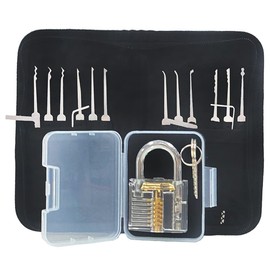 YQLEISHI 27 Piece Lock Picking Set with Zipper Bag, Lock Pick Gun and 6 Piece Padlock Shim, Transparent Training Locks, Extractor Tool for Beginner and Locksmith Training (Black)