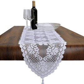mookaitedecor 13x59 Inch White Lace Table Runner for Wedding Festival Party Christmas Table Centrepiece Living Room Desk Decor, Vintage Elegant Flower Dinner Table Runner with Tassels