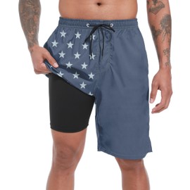 Mens Swim Trunks with Compression Liner, Navy Patriotic USA Flag Men Bathing Suit Swimming Trunks 9 Inch Inseam Board Shorts Men's Swimwear, 4 Way Stretch Beach Shorts Quick Dry Swimsuits, 3XL
