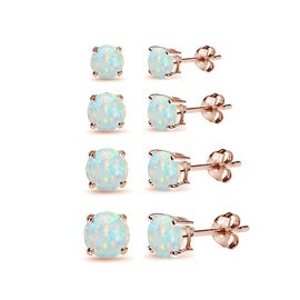 4 Pair Set Rose Gold Flash Sterling Silver Synthetic White Opal Round Stud Earrings, 3mm 4mm 5mm 6mm