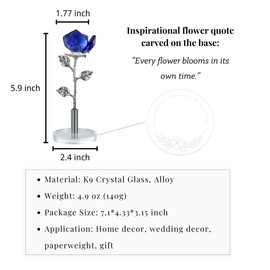 Crystal Flower Rose Figurine Faceted Glass Rose Statue Engraved Base Gift for Her Collectible Ornament Home Decor (Blue)