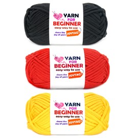 Hilo para ganchillo y tejer, hilo de algodón para principiantes con puntadas fáciles de ver, mezcla de algodón y nailon, hilo fácil para principiantes (3 x 50 g) (negro + rojo + amarillo)